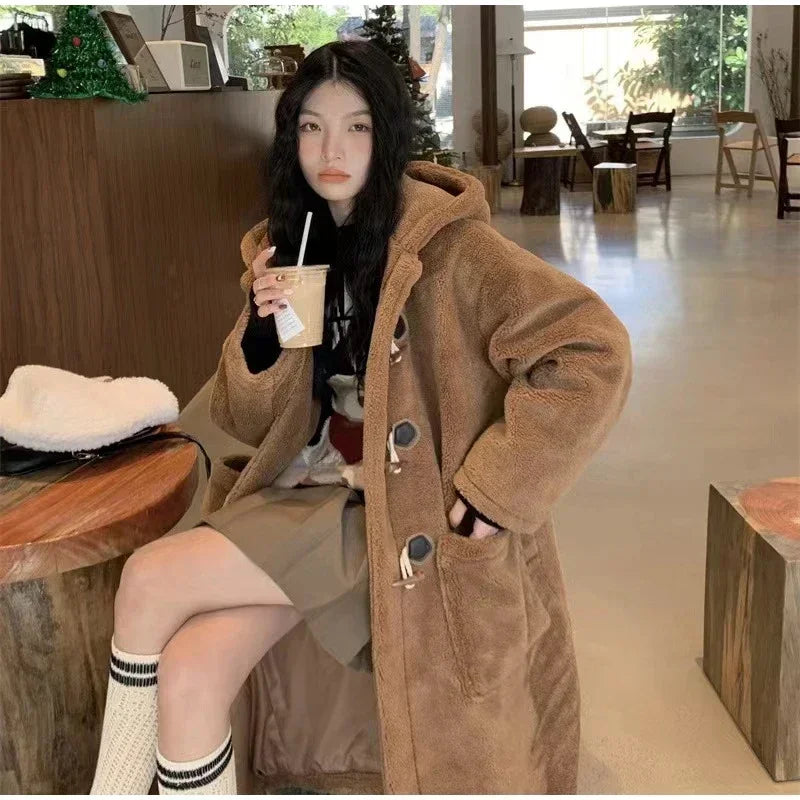 Faux Woolen Long Coat Women Long Sleeve Big Pocket Hoodies Outwear Autumn Winter Thickening Warm Loose Lady Jackets Khaki