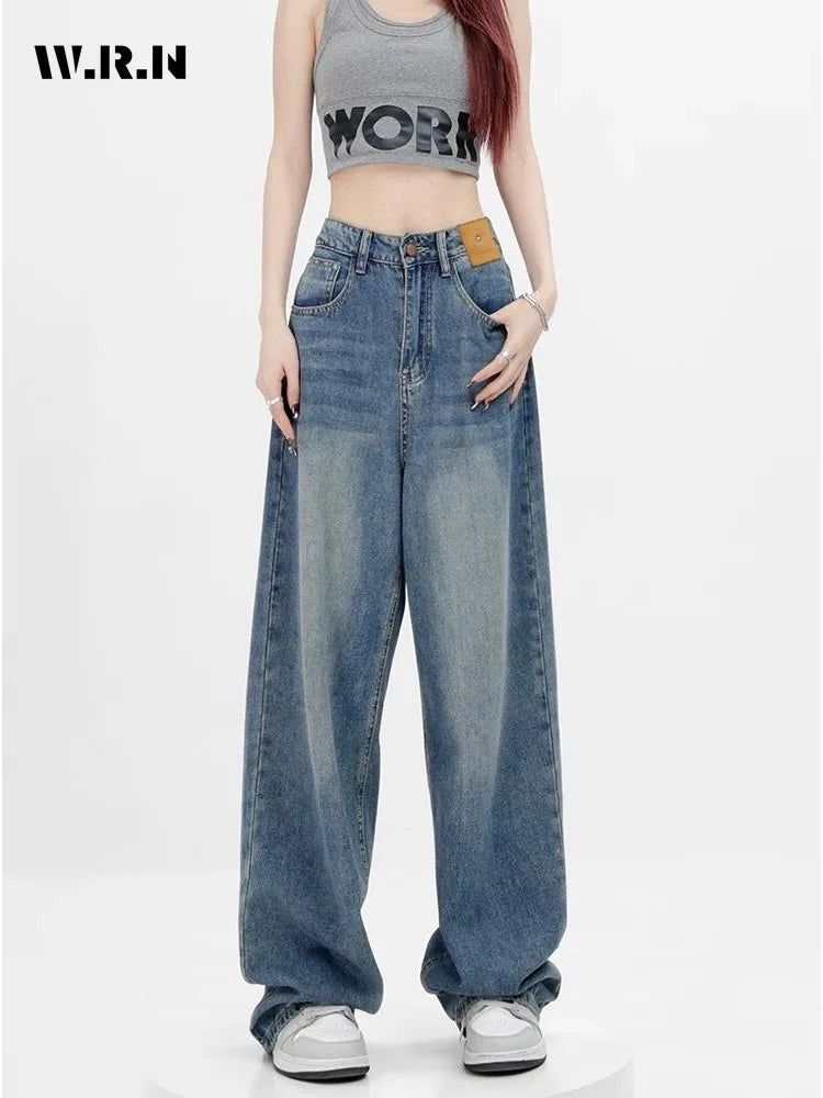 Women Retro Aesthetic Wide Leg Baggy Casual Denim Trouser Harajuku Blue High Waist Loose Jeans Spring Fashion Pants