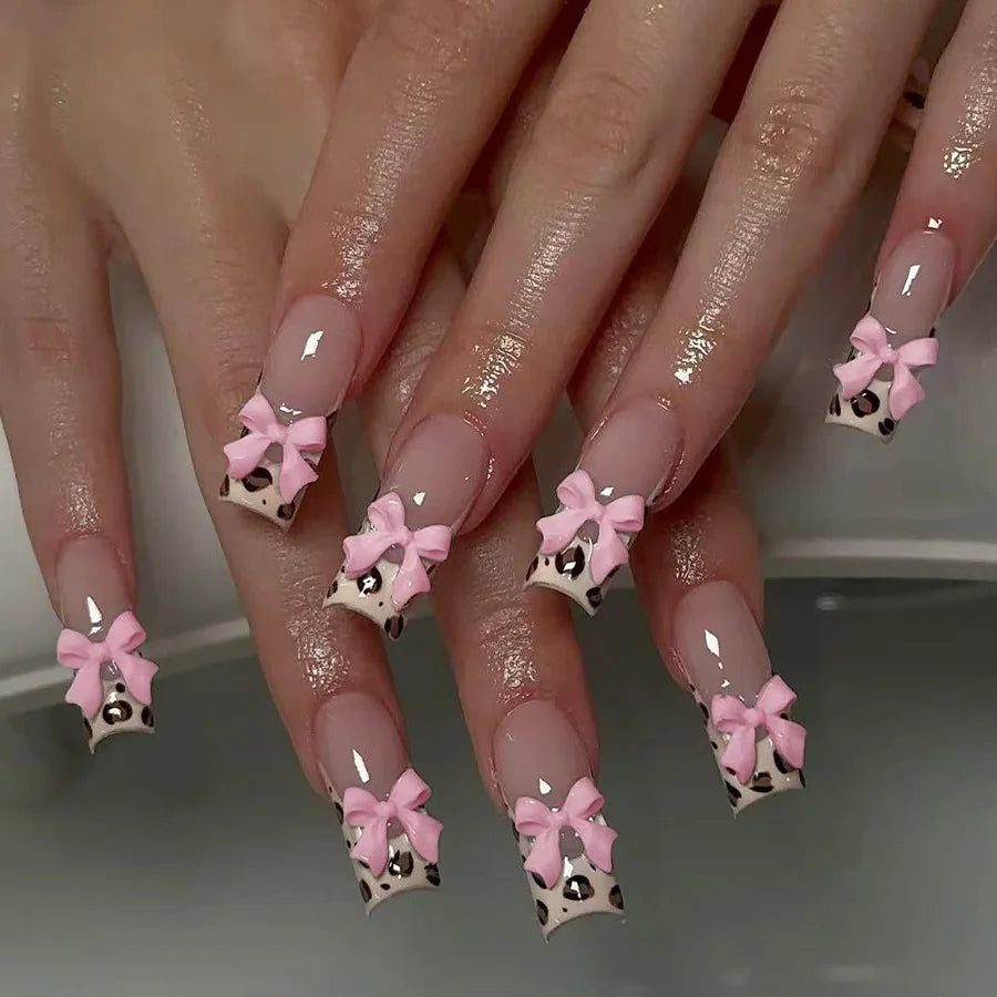 24pcs/set Short Medium fake nails for women girls 3D cute pink bow flowers leopard french square almond tips press on false nail