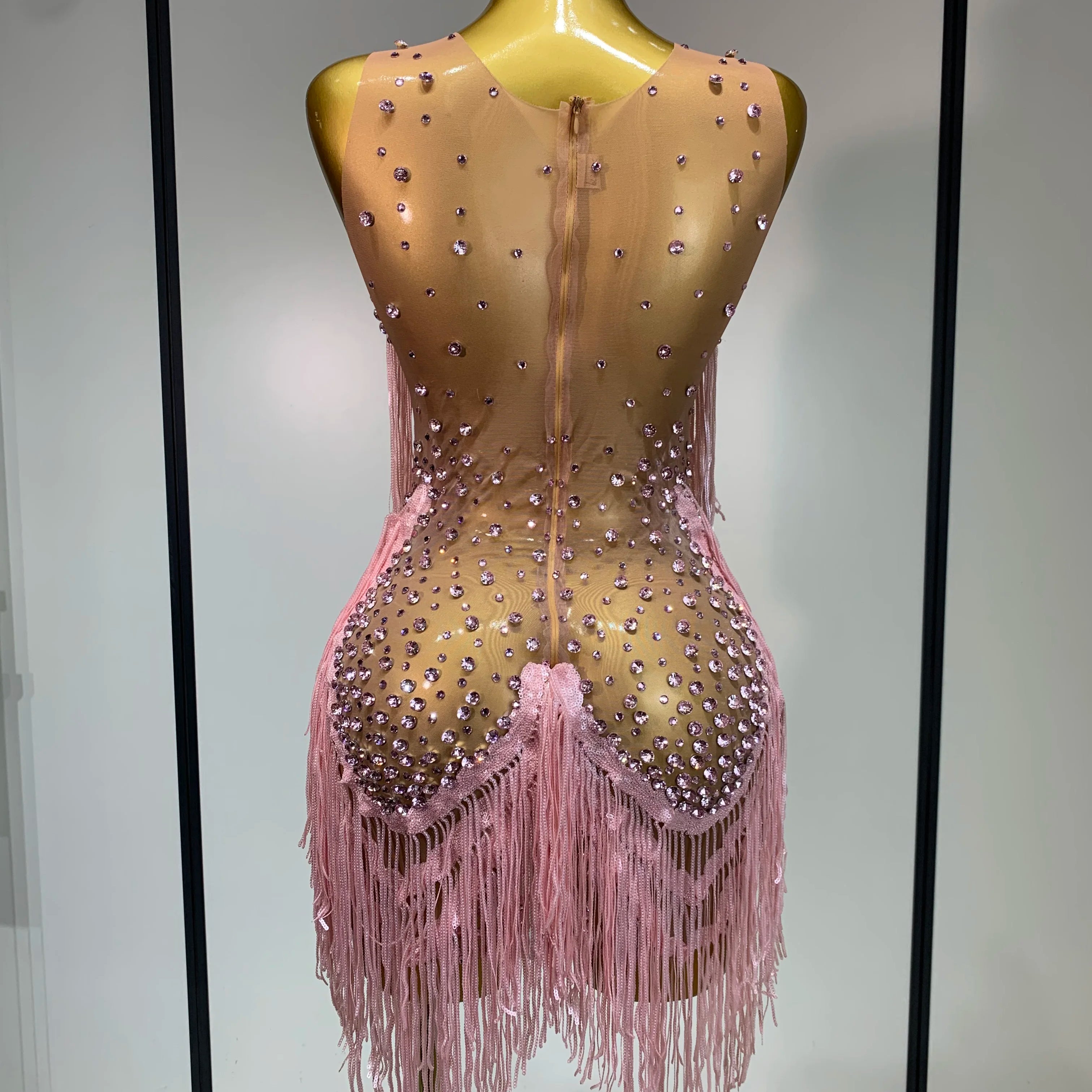 Women Sexy Transparent Long Sleeve Bodycon Dress Two Piece Set Luxury Sequin Fringes Evening Party Celebrity Performance Costume