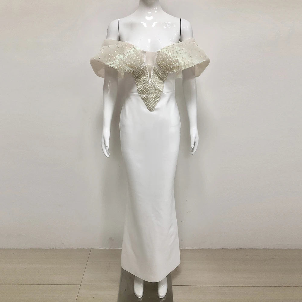 Women Sexy Pearl Beading Tight Maxi Bandage Dress Off The Shoulder Patchwork Bodycon Clothes Club Evening Party Elegant Gown