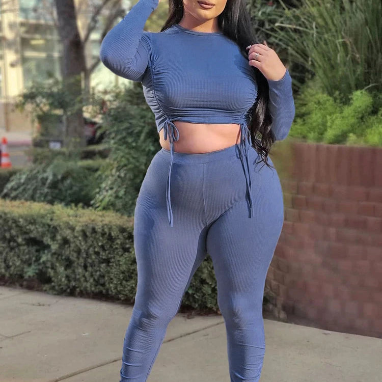 Sexy Plus Size Women Clothing Ribbed Long Sleeve Crop Top and Pants Sets Bodycon Ladies 2 Piece Outfits Wholesale Dropshipping
