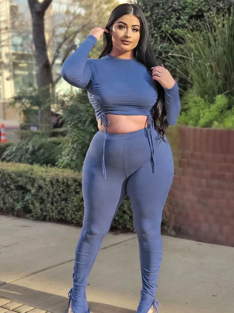 Sexy Plus Size Women Clothing Ribbed Long Sleeve Crop Top and Pants Sets Bodycon Ladies 2 Piece Outfits Wholesale Dropshipping