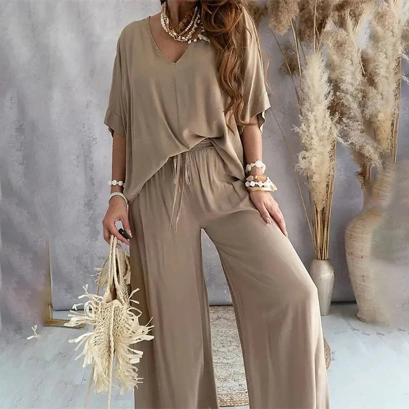 2024 Summer Fashion New Women's Elegant Loose High Waist Plus Size Set Off Back Elastic Waist Retro Women's Two Piece Set