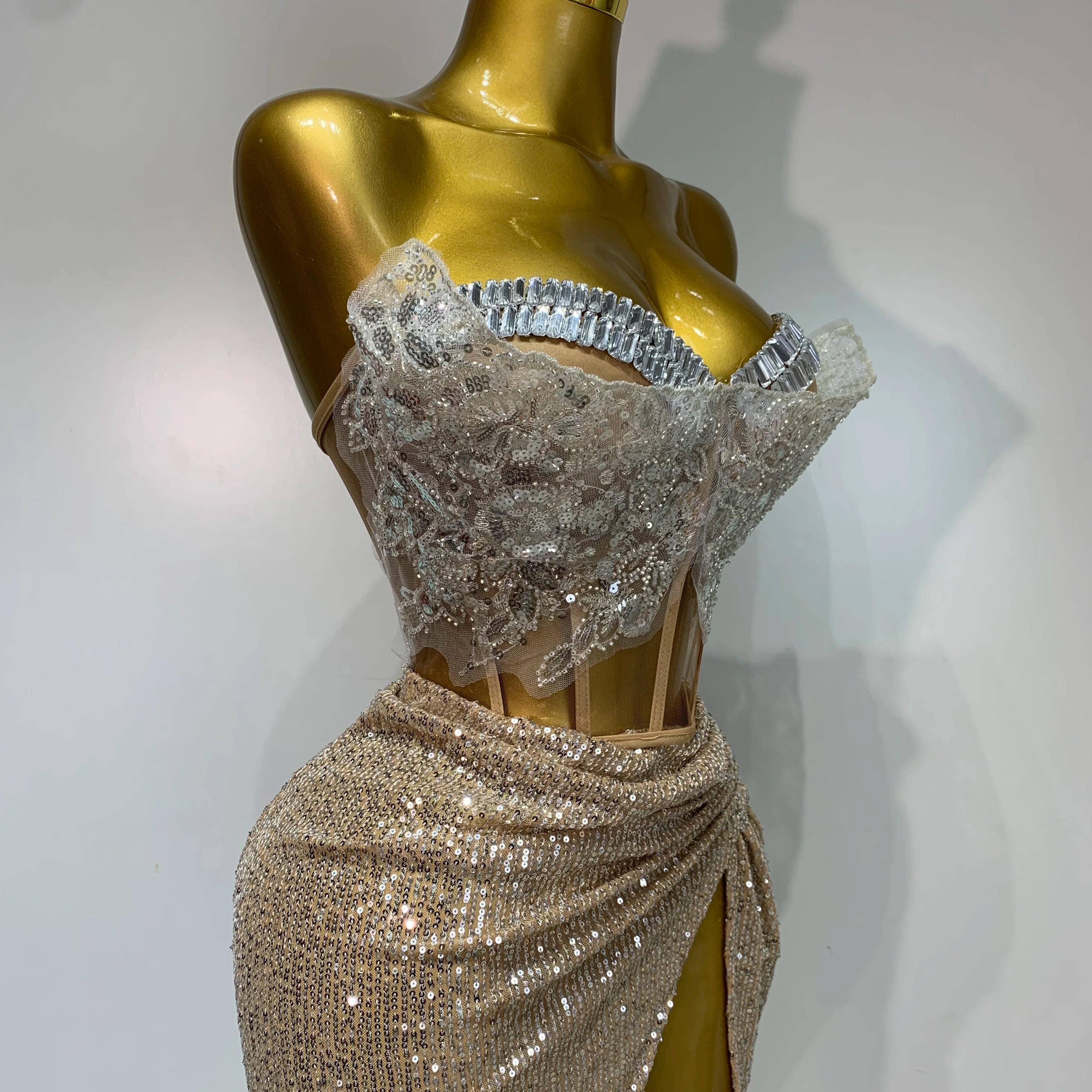 Women Sexy Singer Dancer Performan Costume Night Club Bar Girl Sparkly Sequins Diamond Party Two Piece Set Evening 0utfit