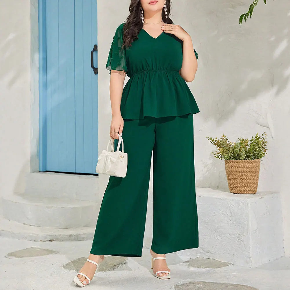 Rafiah Women's Sets Summer Fashion Daily 2025 Plaid Loose Fit Lace V-Neck Long Sleeve Top Midi Pants Casual Sets