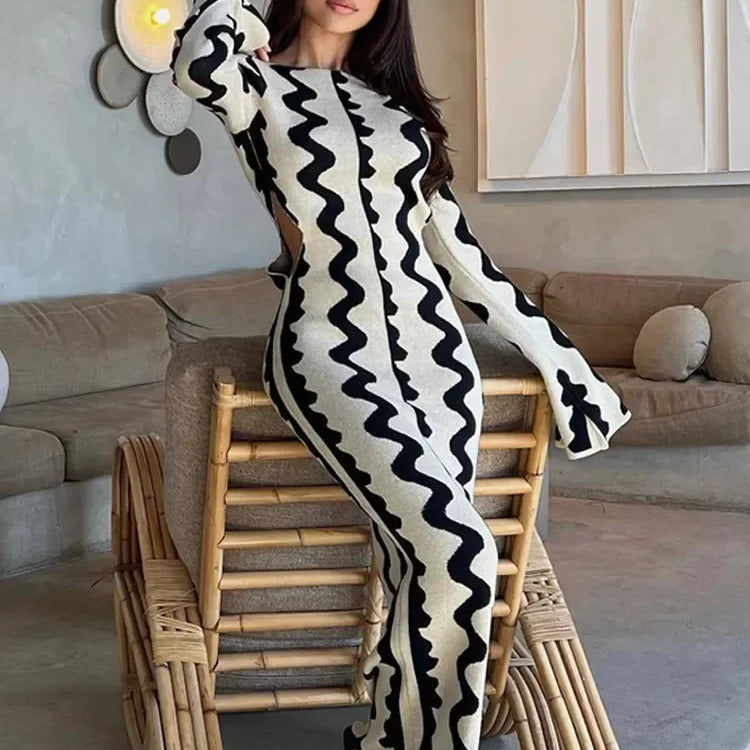 Tossy Striped Contrast Color Knit Maxi Bodycon Dress Boho High Waisted Hollow Out Slim Dresses Women Holiday Dresses Vestidos