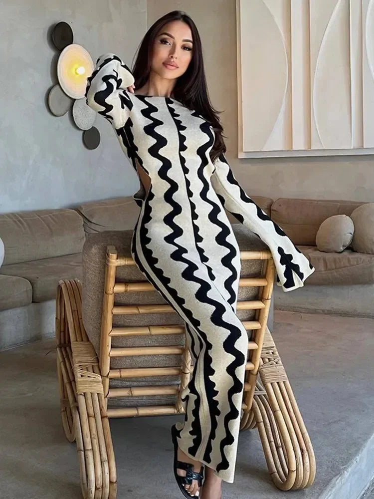 Tossy Striped Contrast Color Knit Maxi Bodycon Dress Boho High Waisted Hollow Out Slim Dresses Women Holiday Dresses Vestidos