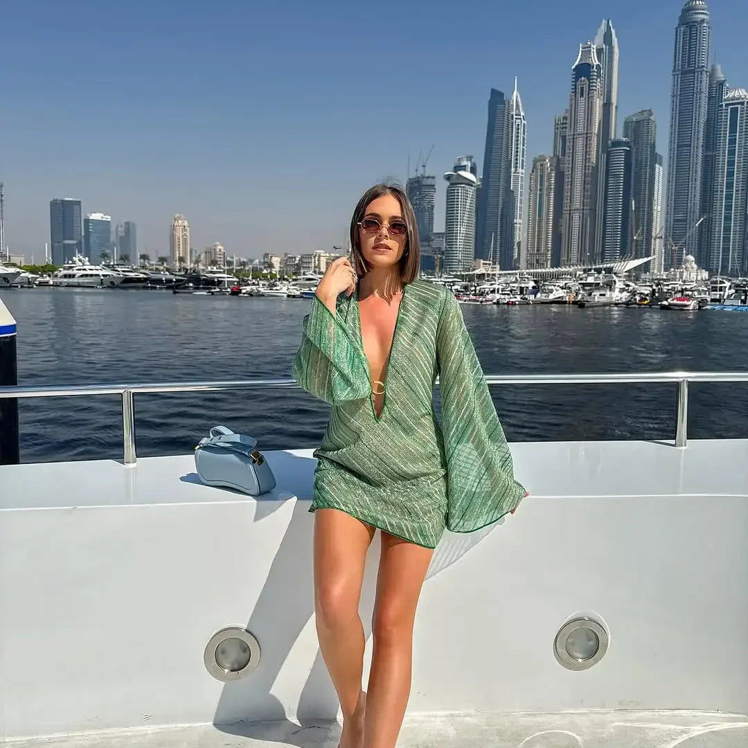 Summer Chic Shiny Striped Mini Dress Women Metal Ring Deep V-neck Flare Long Sleeve Robe New Female Evening Party Vestidos 2025