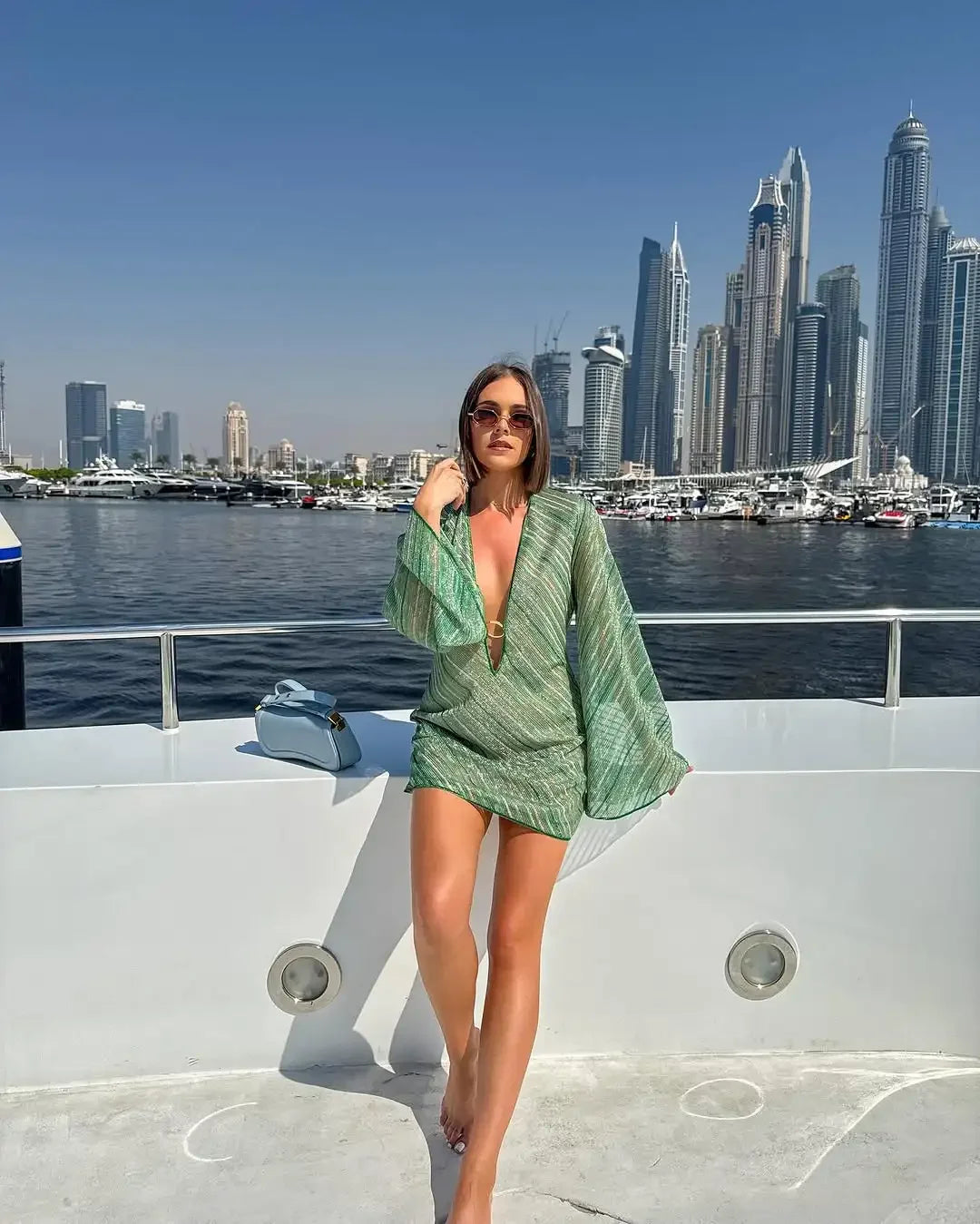 Summer Chic Shiny Striped Mini Dress Women Metal Ring Deep V-neck Flare Long Sleeve Robe New Female Evening Party Vestidos 2025