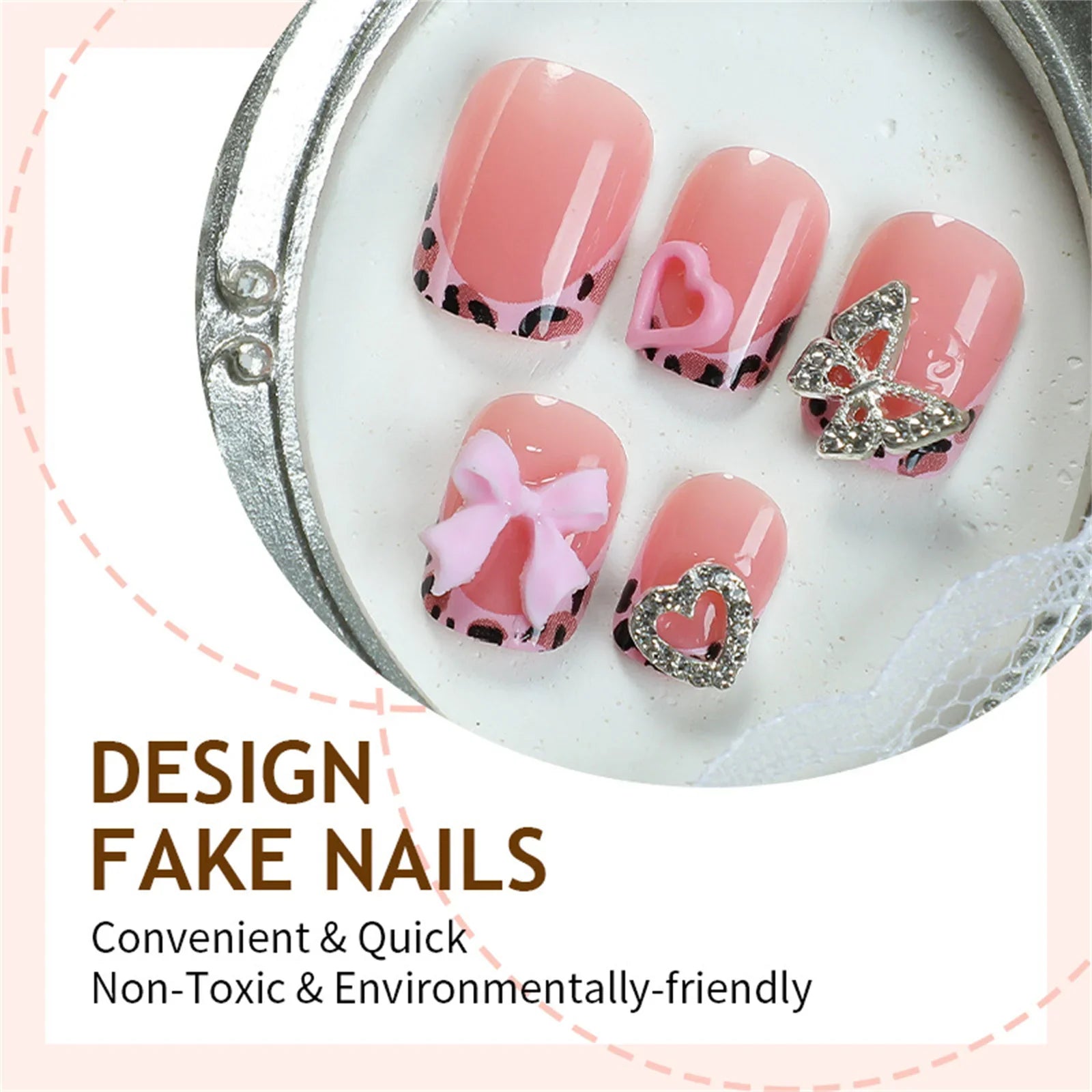 Short Square Nude Pink Fake Nails 24Pcs Leopard Printed French Press On Nails 3D Love Heart/Butterfly/Bowknot Decor False Nails