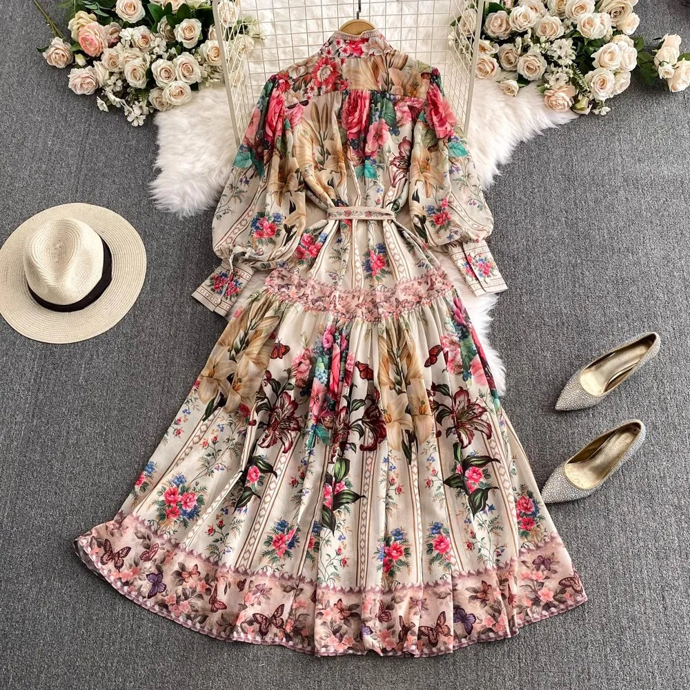 Holiday Flower Print Long Dress Women's Stand Lantern Sleeve Single Breasted Floral Print Belt Oversize Maxi Robe Vestidos 2063