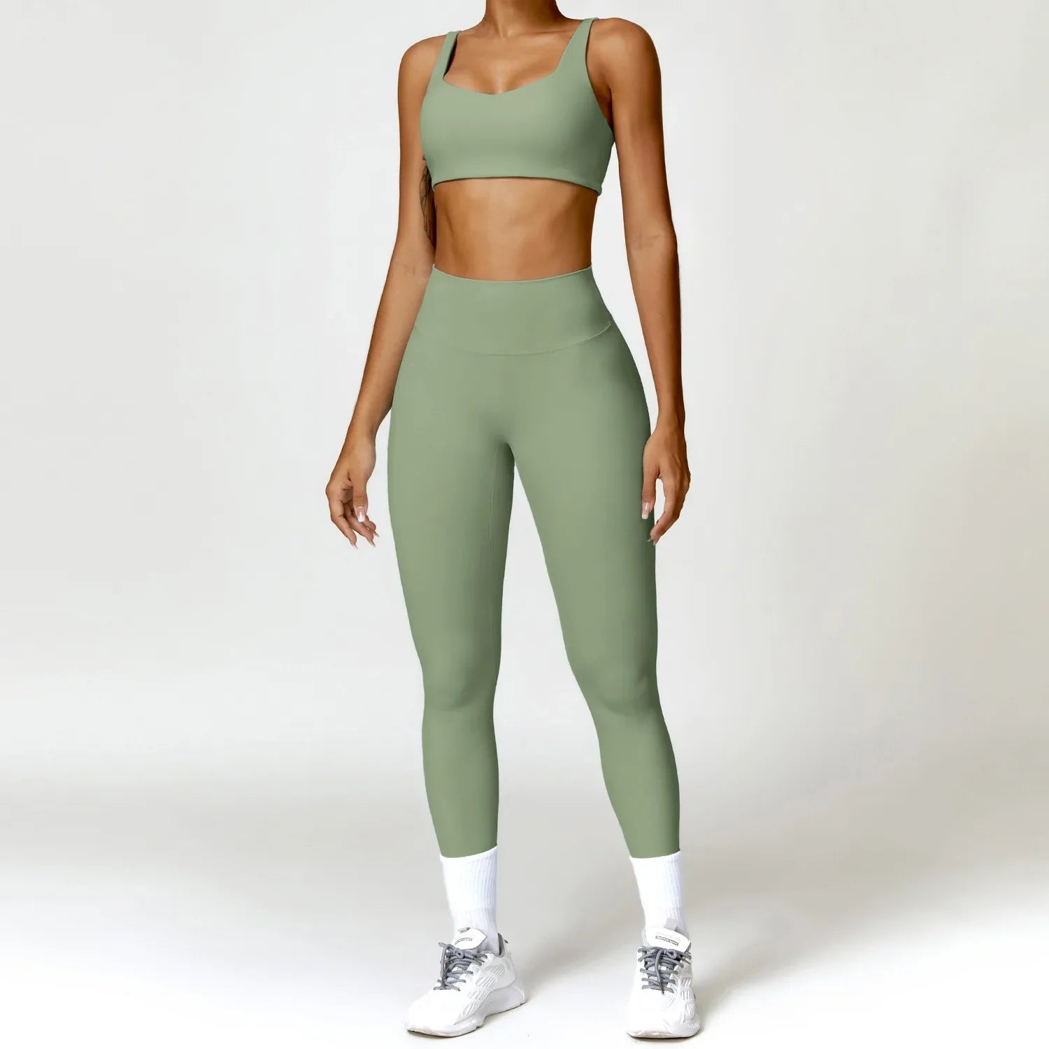 Women Tracksuit Yoga Set 2PCS Sportswear Workout Clothes Athletic Wear Gym Legging Fitness Bra Crop Top Long Sleeve Sports Suits Green Set-2 CHINA