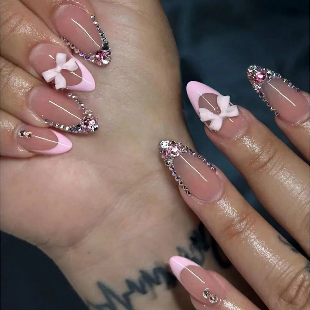 Pink French Style Fake Nails Almond Ballerina Press on Nails 3D Bowknot Designs Nude Color Stick-on False Nails Tips 24Pcs