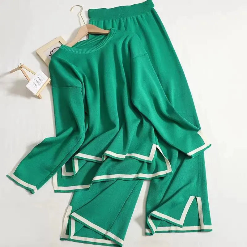 Autumn Winter O-neck Long Sleeve Side Slit Pullover Sweater+high Waist Wide Leg Pants Two Piece Set Women Casual Tracksuit green