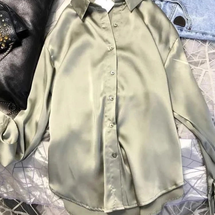 Casual Office Lady Silk Blouses Autumn Long Sleeve Button Up Shirt Women Elegant Winter Tops Office Lady Acetate Blouse