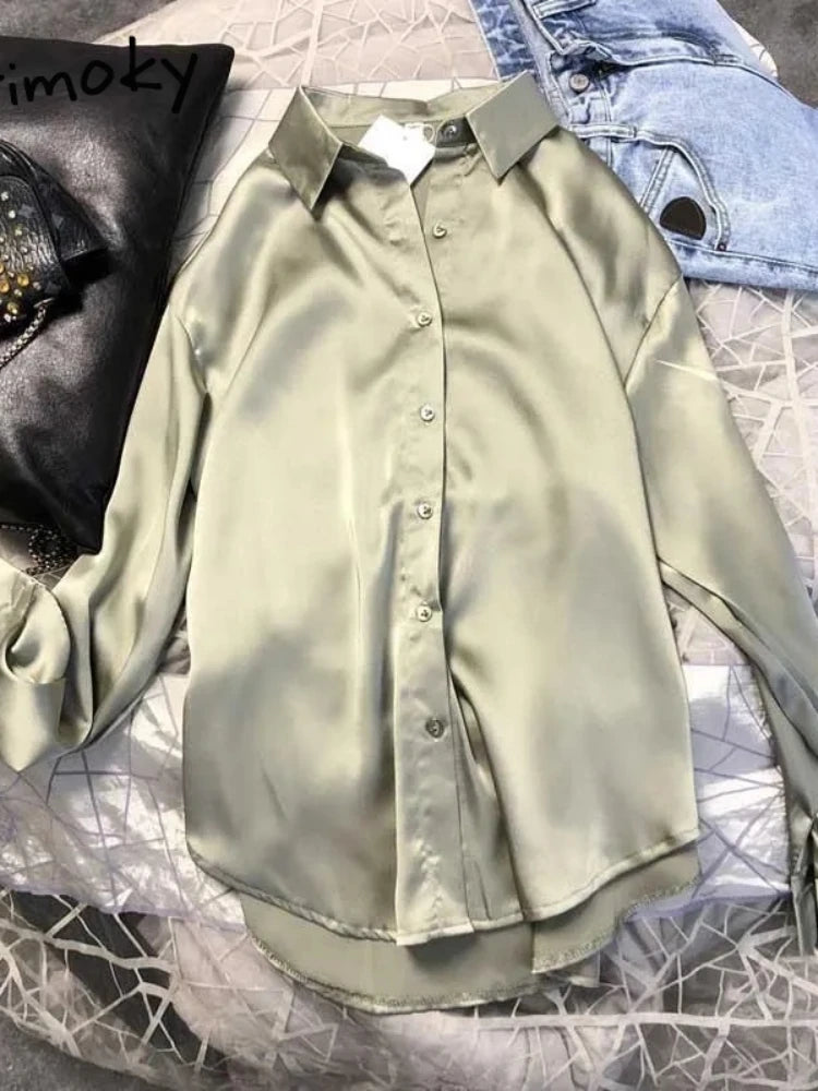 Casual Office Lady Silk Blouses Autumn Long Sleeve Button Up Shirt Women Elegant Winter Tops Office Lady Acetate Blouse