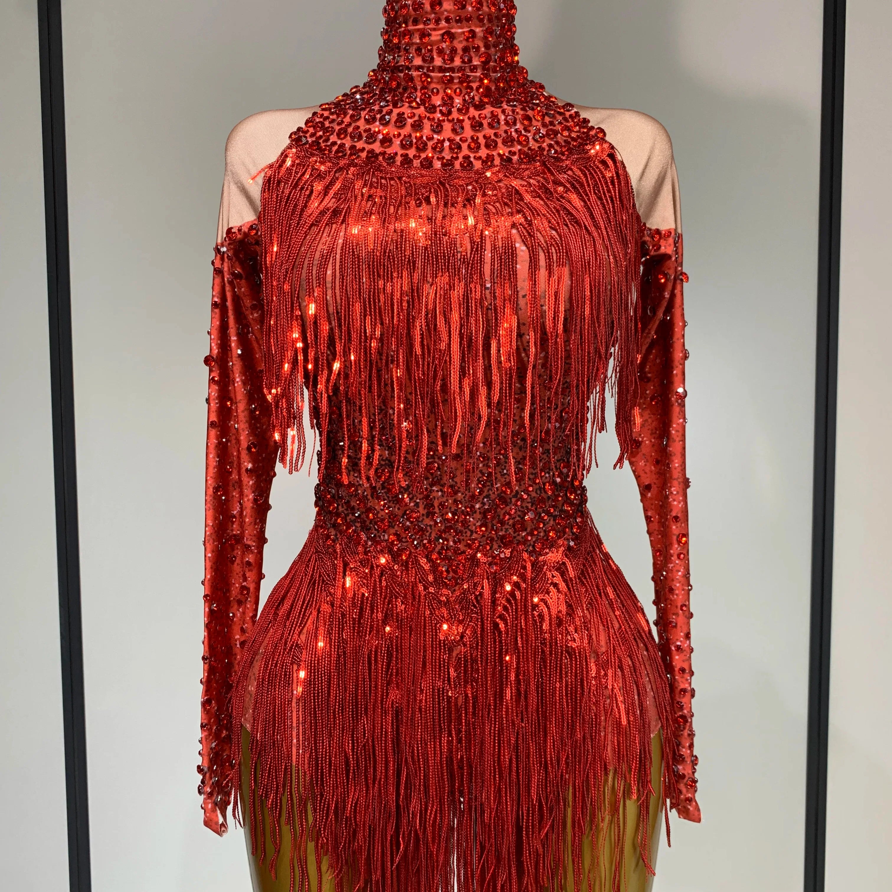 Women Sexy Purple Red Stretchy Long Sleeve Bodysuit Nightclub Singer Dancer Tassel Stage Costume Evening Party Birthday Outfit