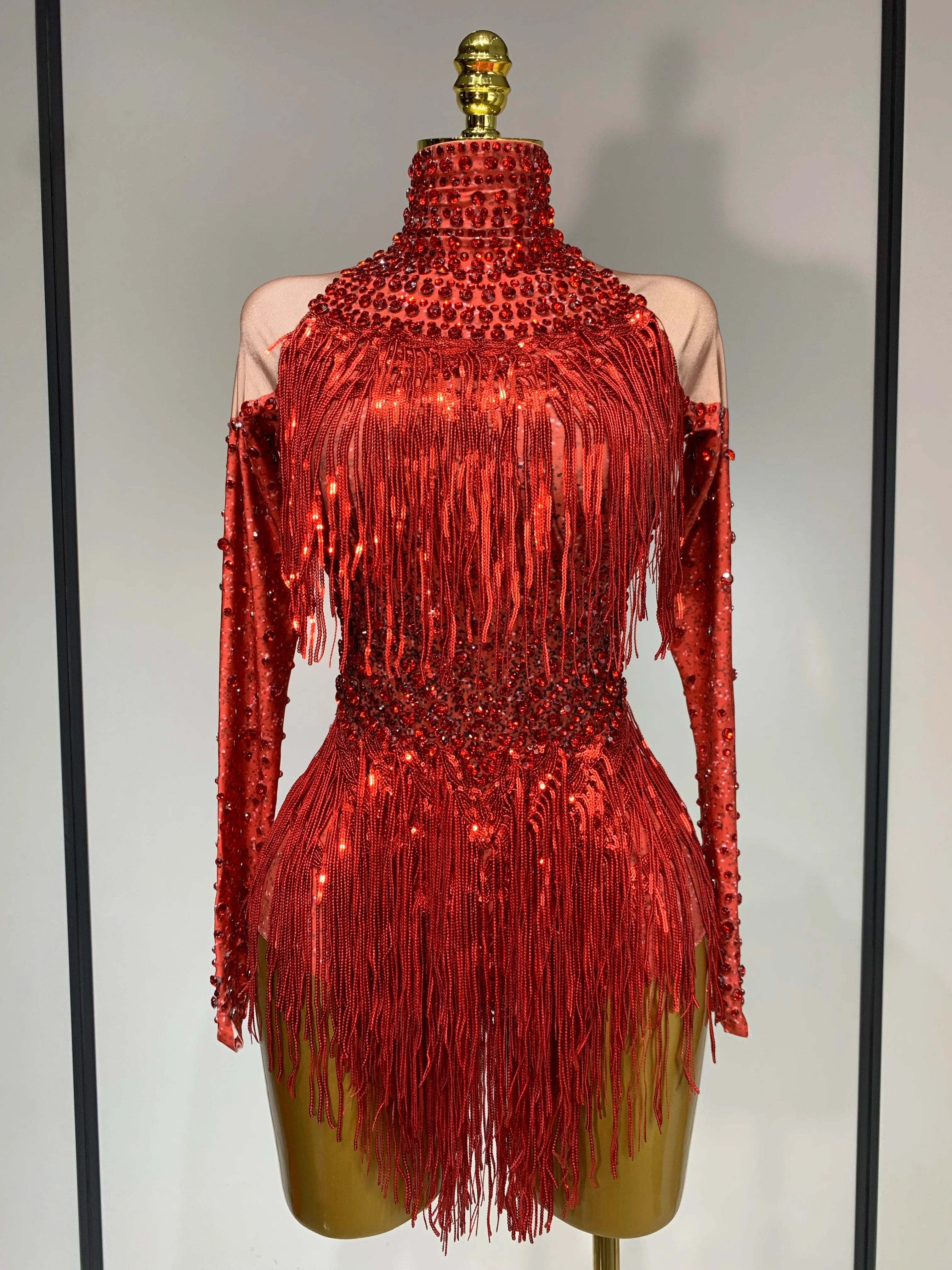 Women Sexy Purple Red Stretchy Long Sleeve Bodysuit Nightclub Singer Dancer Tassel Stage Costume Evening Party Birthday Outfit