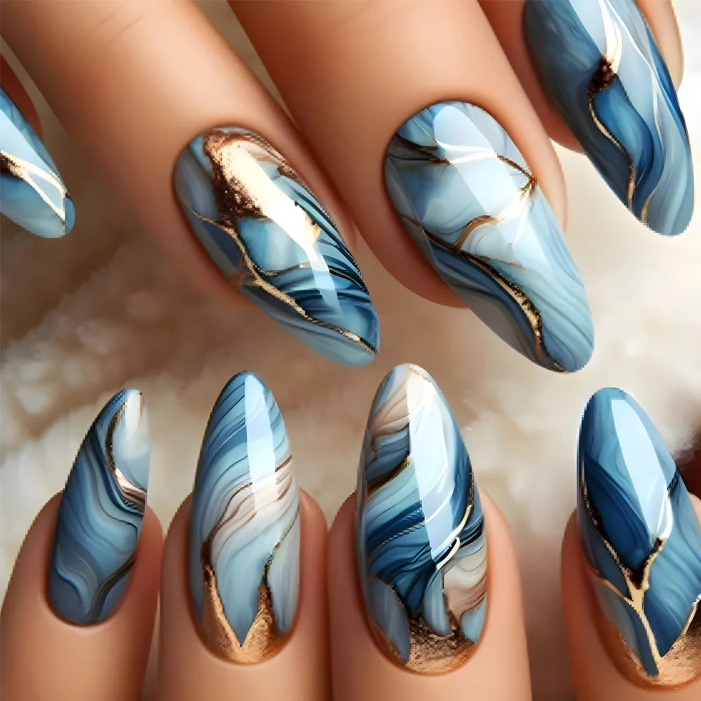 24Pcs Mid-length Almond Full Cover Nail Tip Blue Gradient Design Fake Nails Golden Line Rhinestone Reusable Press on False Nails
