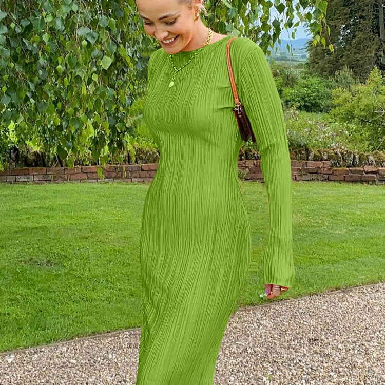 Autumn Striped Ruched Ruffle Sexy Y2K Clothes Long Sleeve Bodycon Midi Dresses For Women Club Party Elegant Outfit green