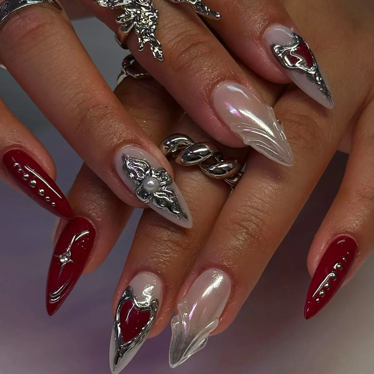 24Pcs Blue Smudge French Fake Nails White Irregular Design Press on False Nails Mid-length Almond Wearable Full Cover Nails Tips