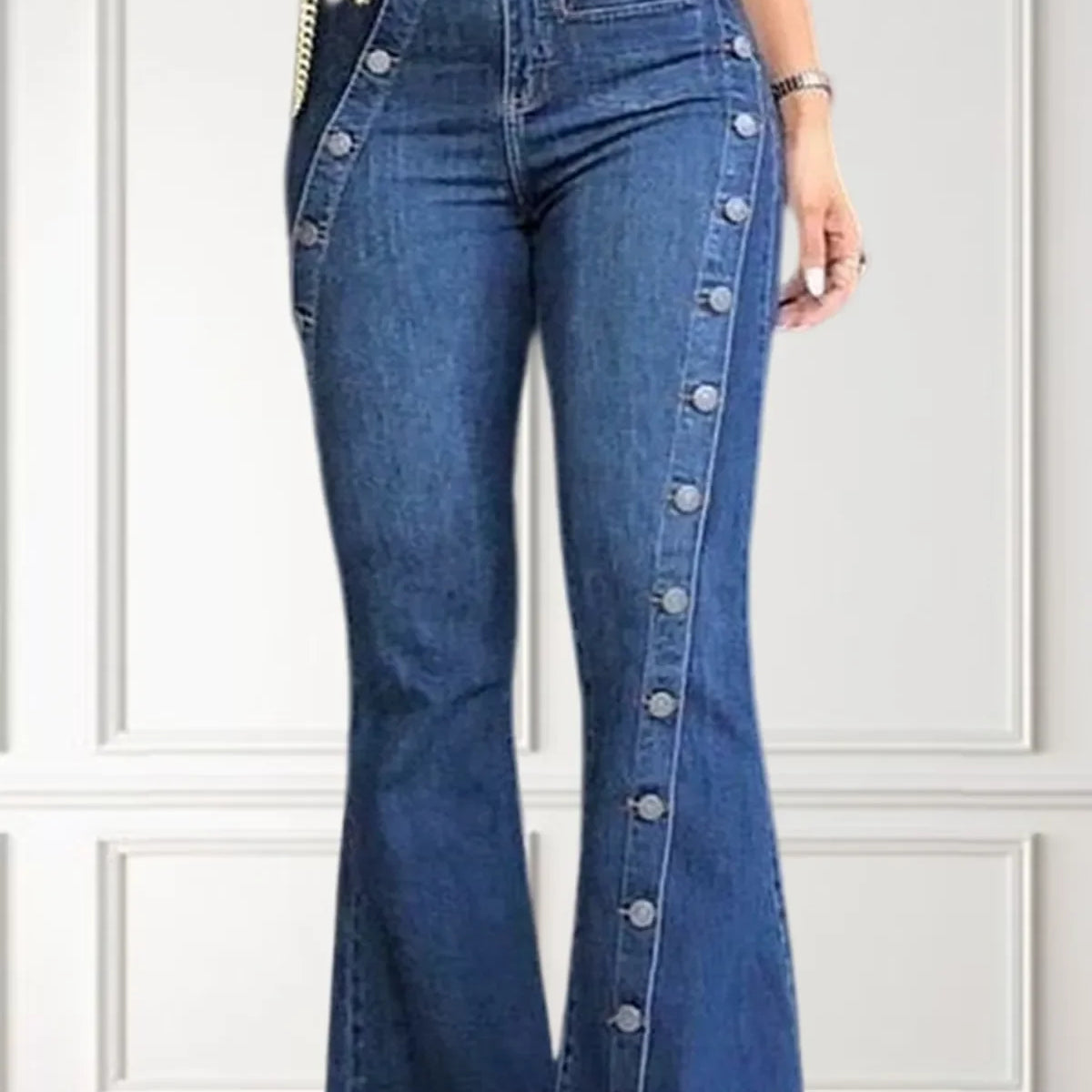 Women's Plus Size Plain Button Decor Flare Leg Long Denim Pants Flare Jeans Jeans Female High Waist Bottom Wide Leg Jeans Blue