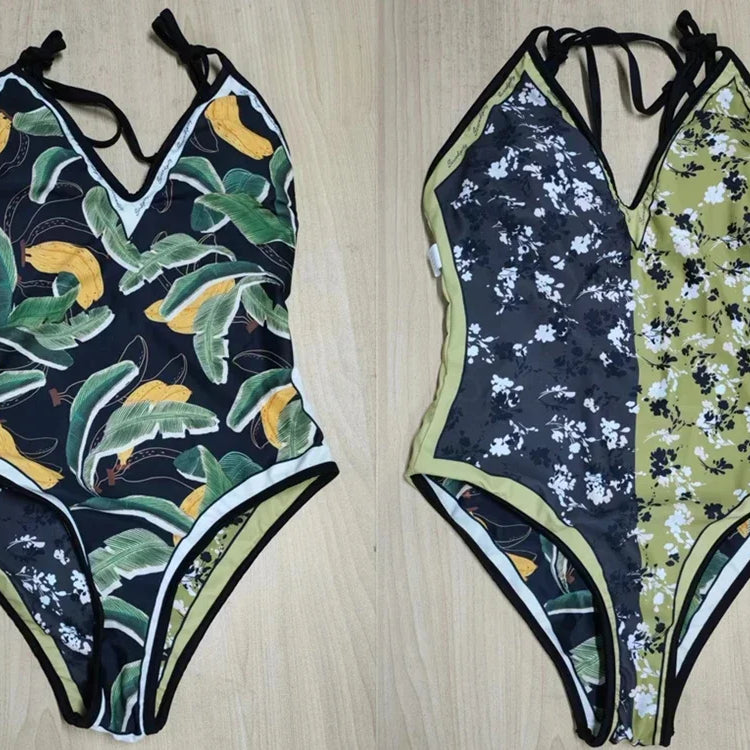 Vintage Printed Double-sided Wear Swimming Bathing Suit Women Bandage Sexy One Piece Swimsuit Beachwear Swimwear Woman