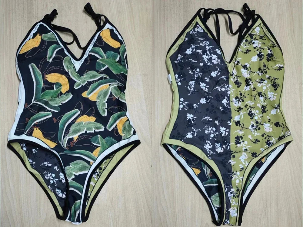 Vintage Printed Double-sided Wear Swimming Bathing Suit Women Bandage Sexy One Piece Swimsuit Beachwear Swimwear Woman