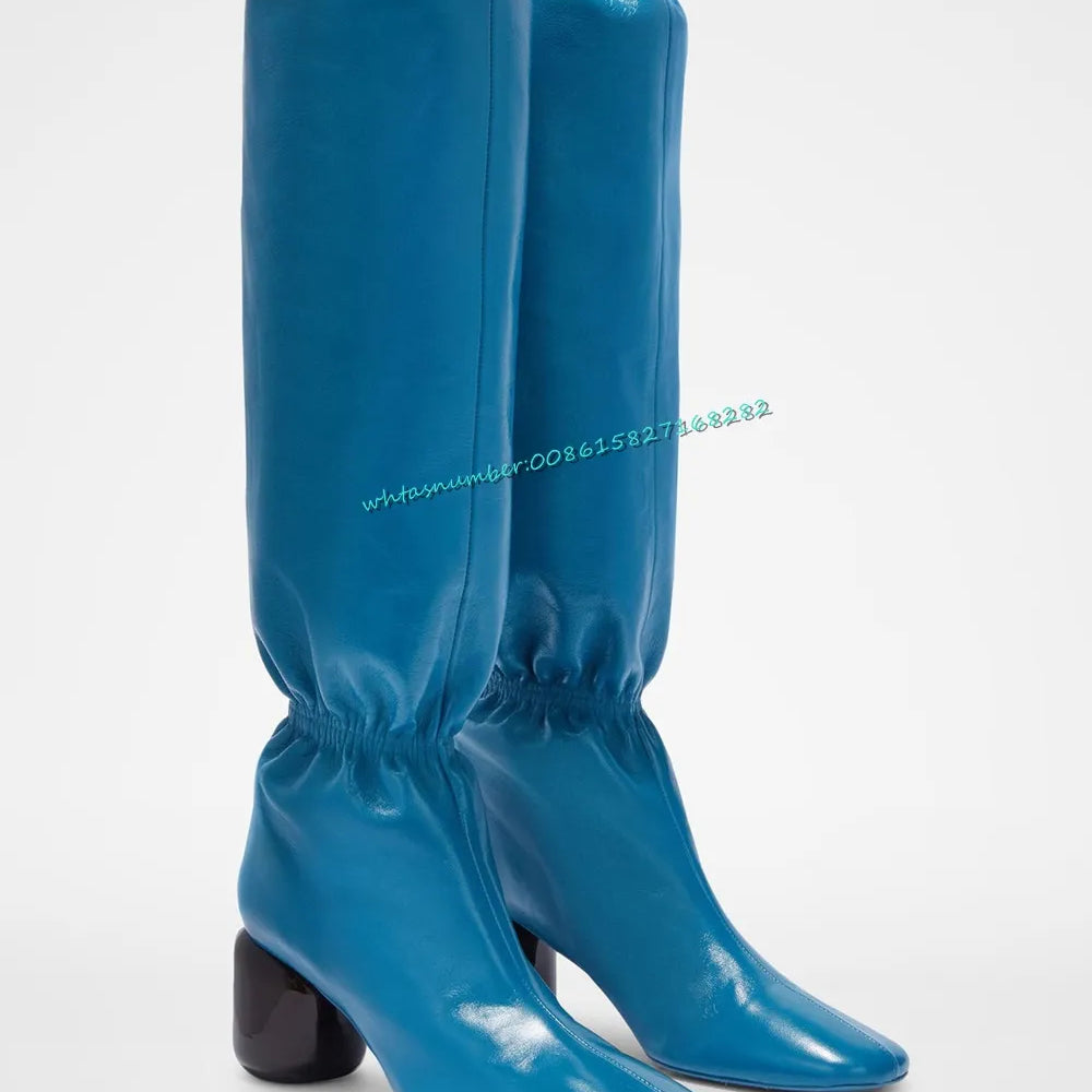 Strange Style Lantern Boots Solid Pointy Toe Leather Boots Fashion Runway Party Shoes for Women Autumn Leisure Sexy BLUE