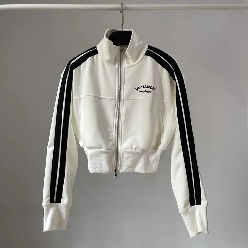 [YOZOU] Spring Double Zipper Baseball Cropped Jacket Women Outerwear Embroidered Striped Green Black White Blue Zip Up Coat WHITE