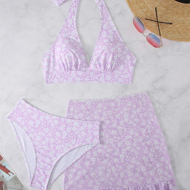Bikini Women Swimsuit New Print Halter V Neck Bikinis Set Sexy High Waist Swimwear Summer 3 Piece Beach Bathing Suit Female PURPLE