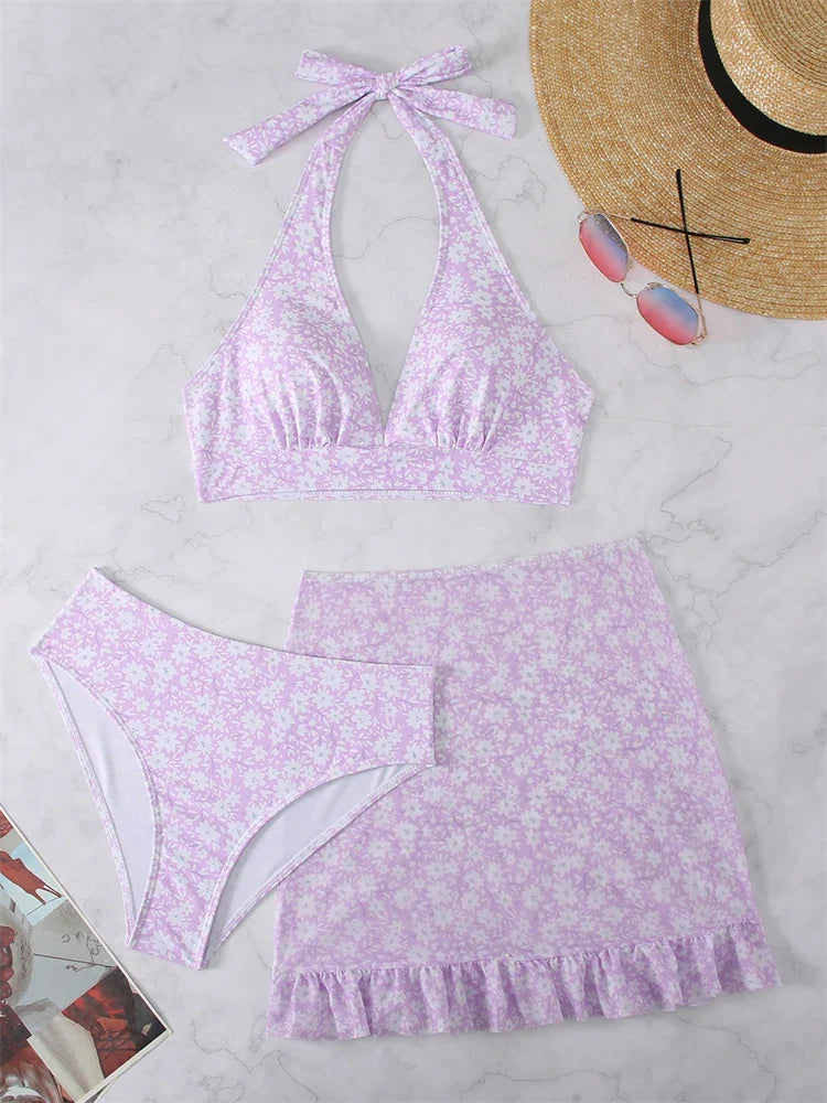 Bikini Women Swimsuit New Print Halter V Neck Bikinis Set Sexy High Waist Swimwear Summer 3 Piece Beach Bathing Suit Female PURPLE