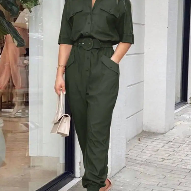ZANZEA Summer Fashion Work Jumpsuits Woman Lapel Neck Cargo Playsuits Female Elegant OL Party Rompers Loose Pant Oversized 2024 Dark Green