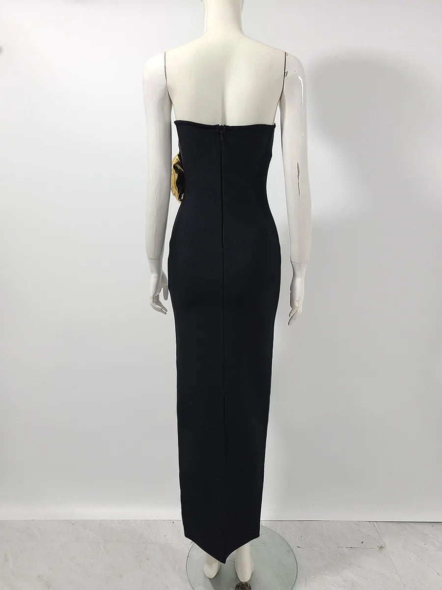 Vestido longo preto feminino, sexy, sem alças, com estampa floral dourada, colado ao corpo, elegante, para festa à noite, coquetel