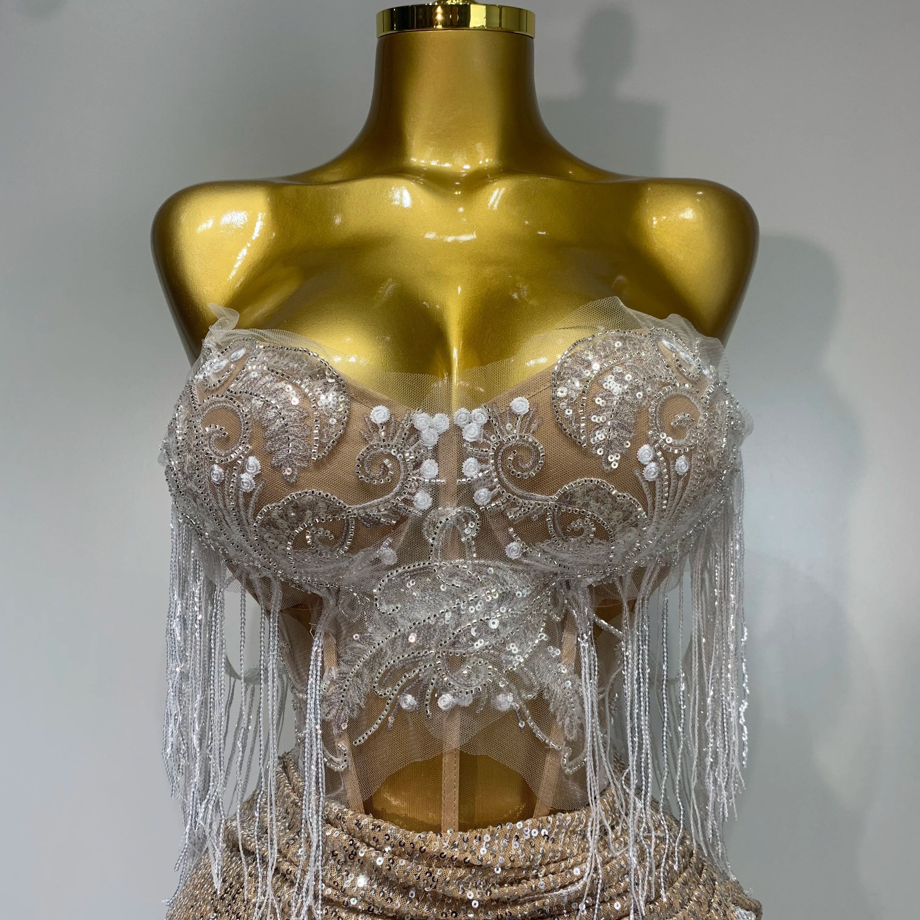 Women Sexy Singer Performan Costume Nightclub Girl Sparkly Sequin Tassel Two Piece Set 2025 Evening Party Luxury Birthday Outfit