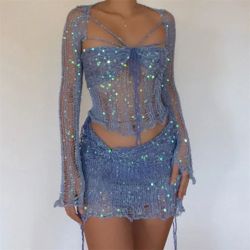 Sequins Knitted Hollow Out Two Piece Set Women Long Sleeve Cropped Top Midi Bodycon Skirt Summer Chic Beach Female Outfits Blue