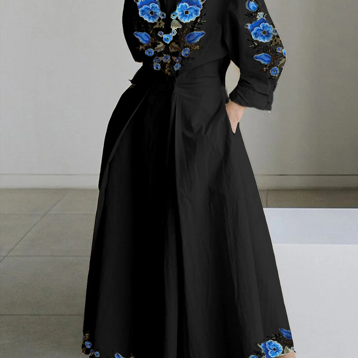 Plus Size Dress for Women Summer Elegant Lapel Oil Painting Button Shirt Dress Vestidos Casual 3/4 Sleeve Dress Party Vestido black