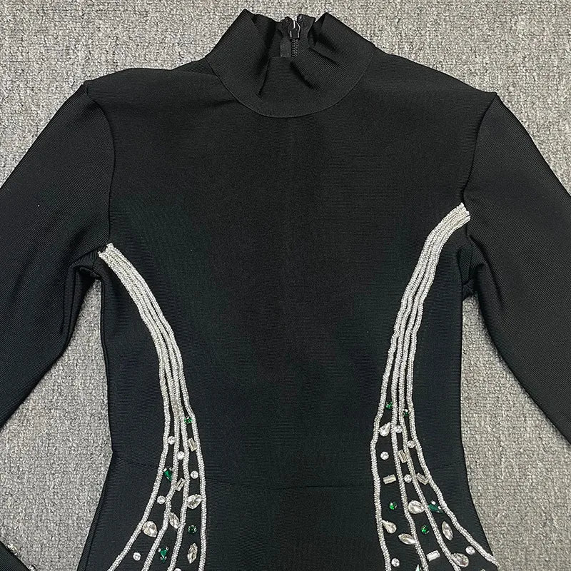 Black White Color Women Long Sleeve Shinning Rhinestones Bodycon Long Bandage Dress Evening Party Celebrate Outfit Vestido