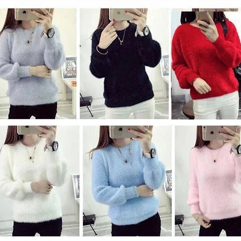 Winter Imitate Mink Wool Hot Fleecing Female Casual Sweater O-neck Long Puff Pink Solid Women Knitted Tops Elastic Pullovers