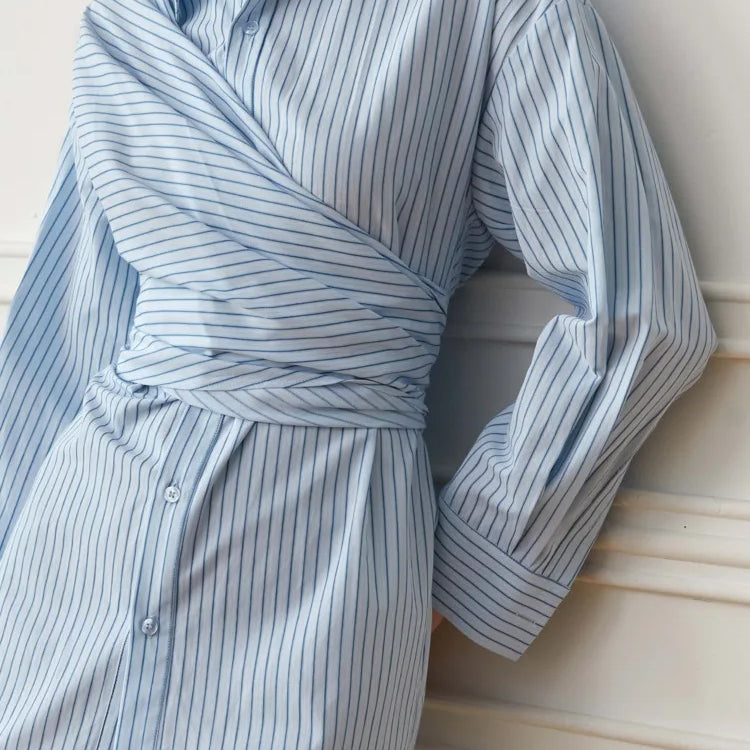 DEAT Fashion Women Blue Stripe Shirt Dress Lapel Single Breasted Full Sleeves Waist Retraction Folds Dresses Spring New