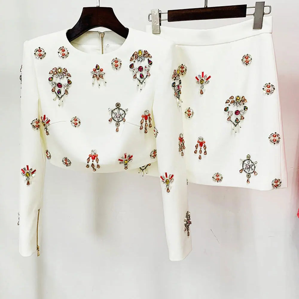 2024 New Elegant Women's Light Luxury Nail Bead Short Skirt Set O-neck Long Sleeve Ultra Short Top+Mini Skirt Two piece Set