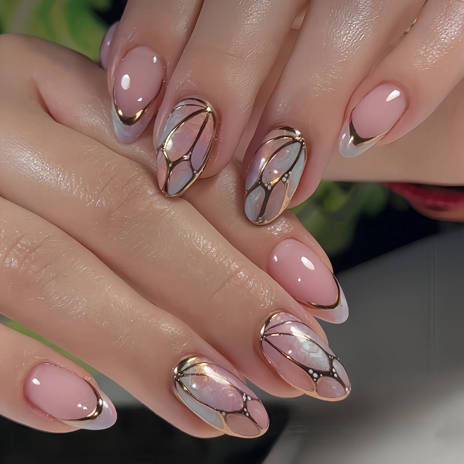 24Pcs Mid-length Almond False Nails with Purple Cat's Eye 3D Golden Butterfly Press on Fake Nails Reusable Full Cover Nails Tips