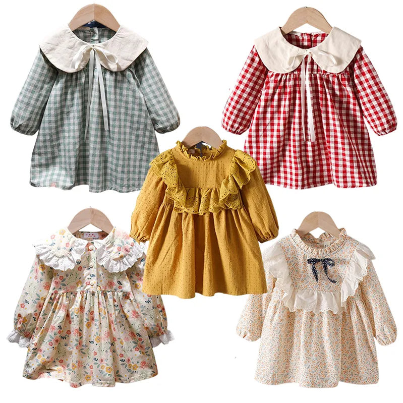 Baby Girls Floral Princess Dress Spring Autumn Korean Style Long Sleeve Big Turn Down Collar Kids Girl Dresses Summer 2024 New