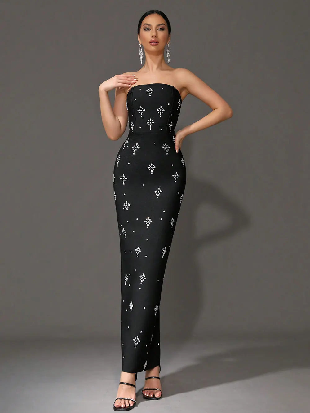 2024 Sexy Women'S Light Luxury Rhinestone Bandage Dress Strapless Sleeveless Bodycon Backless Long Dress Christmas Party Vestido