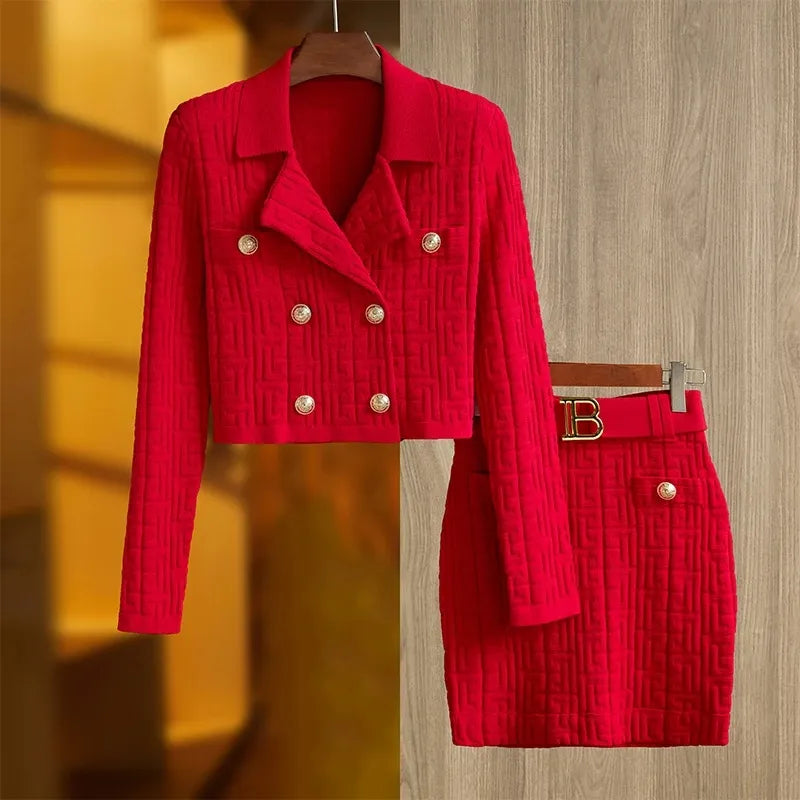 Brand Fall Women Stretch Knit Two Piece Sets Texture Pattern Long Sleeve Cardigan Sweater Tops Slim Skirt Belt 2 Color Option OL Red