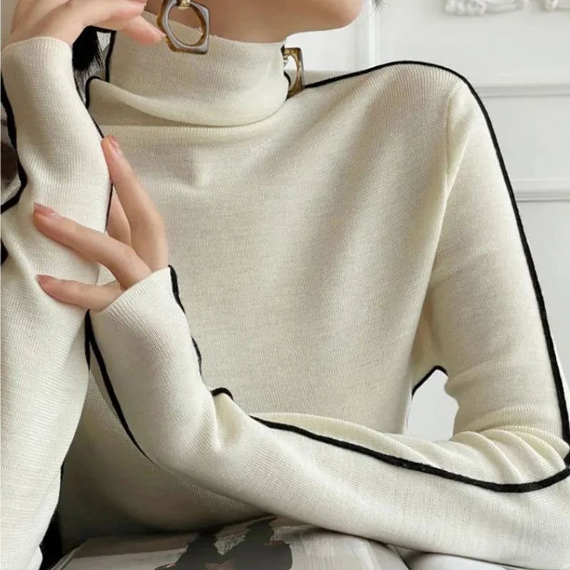 Pullovers Women Striped Turtleneck Warm Knitted Sweater Spring Fall Y2K Elegant Korean Office Lady Simple Design Bottom Jumpers OffWhite