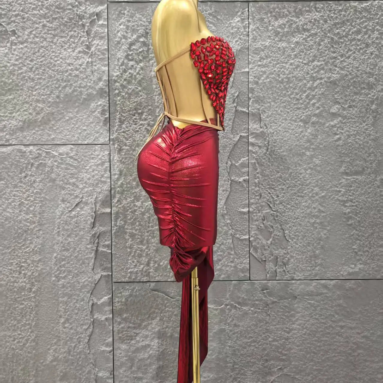 Shinning Crystal Women Sexy Strapless Laced-up 2 Pieces Bodycon Mini Dress Celebrate Nightclub Party Bar Singer Stage Wear