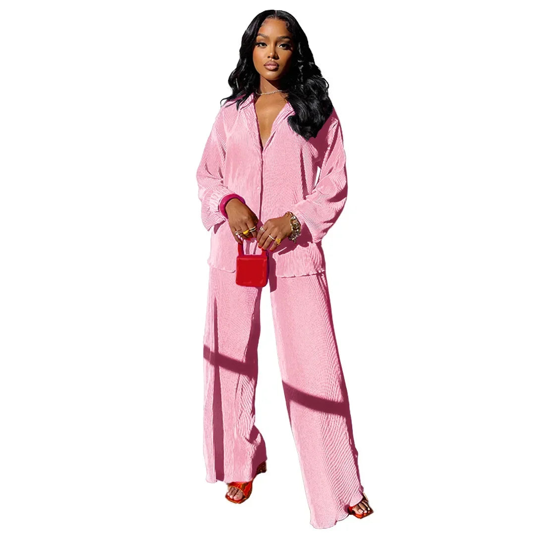 CM.YAYA Street Women's Set Long Sleeve Shirt Tops and Wide Leg Pants Elegant Tracksuit Two Piece Set Sweatsuit Fitness Outfits