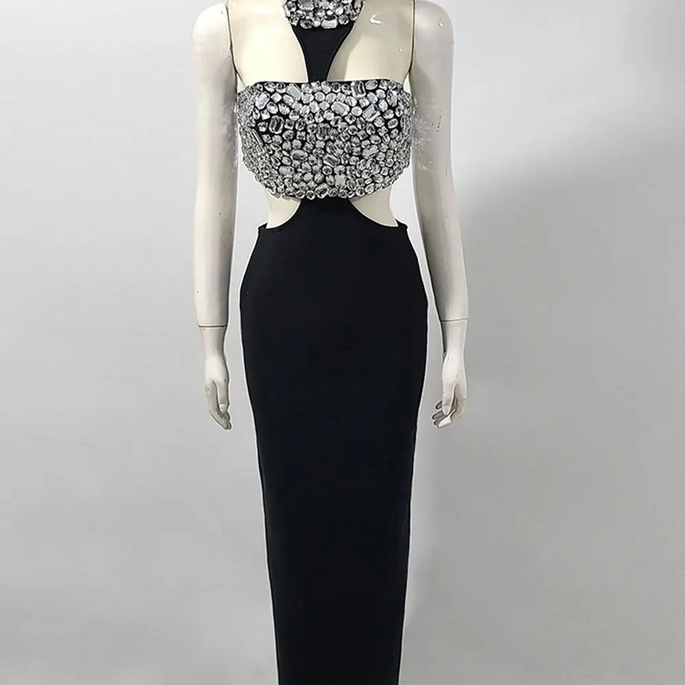 2025 Sexy Women's Light Luxury Nail Bead Design Bandage Dress Hanging Neck Sleeveless Waist Design Bodycon Long Dress Vestitos